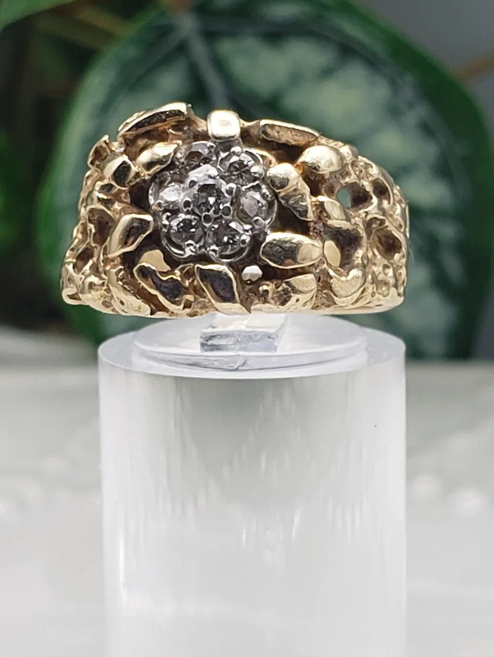 10k Gold Mens Nugget Ring w/ 7 Diamonds Cluster Vintage Neo Classic Luxury 6